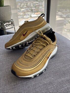 Nike Men’s Metallic Gold and Black Air Max 97 Sneakers with Red Swoosh